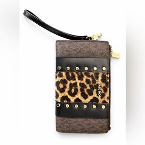 Michael Kors Brown and Black Leopard-Accent Wristlet